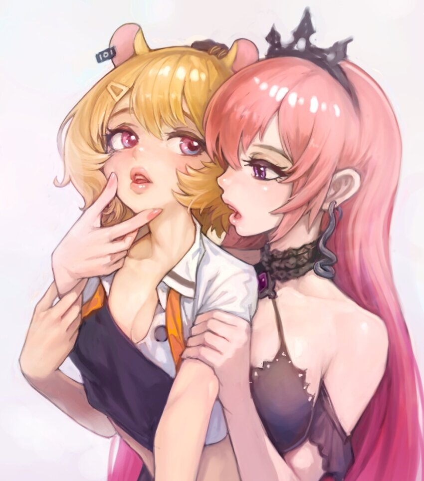 2girls animal_ears blush breasts cleavage collarbone earrings eimi_isami hamster_ears highres jewelry multiple_girls nail_polish orange_hair phase_connect pink_eyes pink_hair runie_ruse sussynano tagme tiara virtual_youtuber white_background yuri