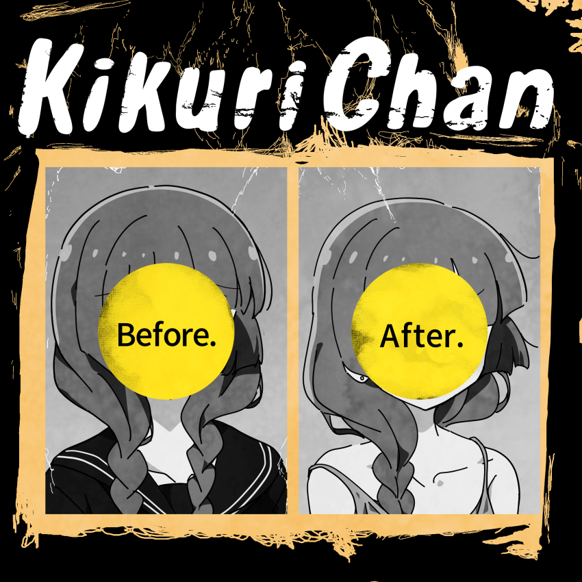 1girl album_cover_redraw before_and_after bocchi_the_rock! braid censored censored_identity collarbone derivative_work dress earrings english_text goumonsha green_day greyscale highres hiroi_kikuri jewelry long_hair monochrome portrait school_uniform single_braid spot_color stud_earrings twin_braids
