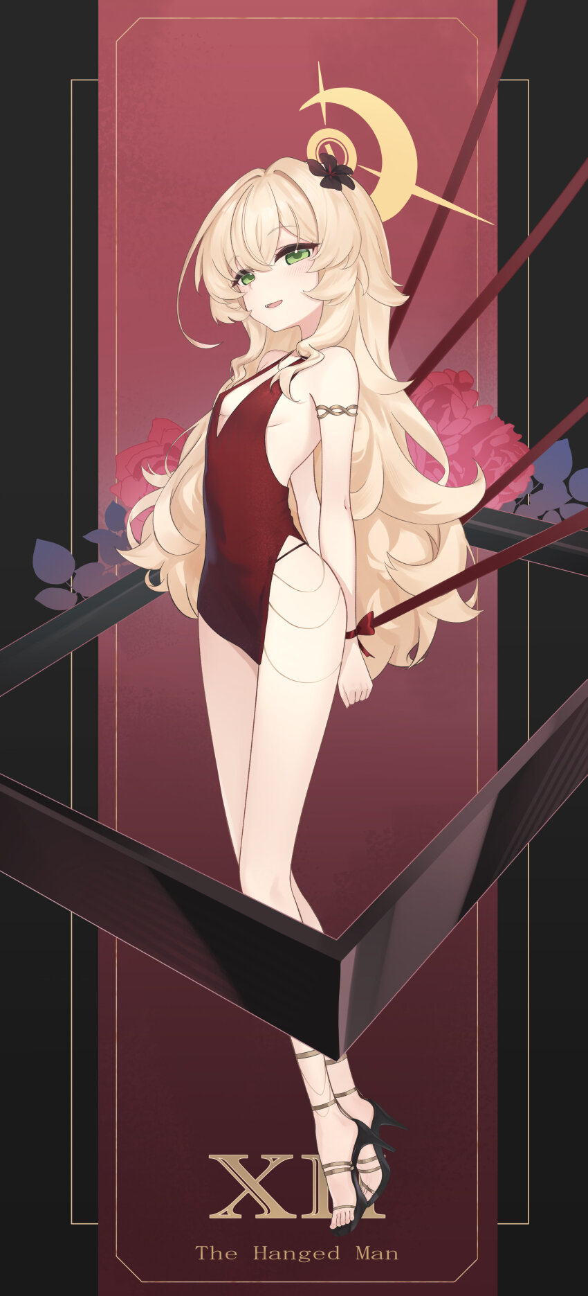 1girl absurdres alternate_costume armlet arms_behind_back bare_shoulders barefoot black_flower black_panties blonde_hair blue_archive bound breasts card_(medium) ciza_gomi commentary dress english_commentary english_text flower flower_on_head green_eyes halo high_heels highres jewelry long_hair panties professor_niyaniya_(blue_archive) red_dress red_flower red_ribbon ribbon sideboob sleeveless sleeveless_dress small_breasts solo tarot tarot_(medium) thighs underwear very_long_hair wavy_hair yellow_halo