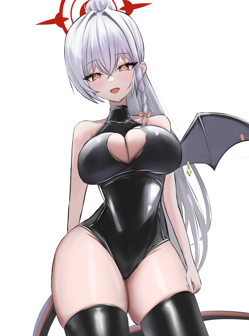 1girl absurdres alternate_costume alternate_hairstyle bare_arms bare_shoulders black_leotard blue_archive blush braid breasts cleavage cleavage_cutout clothing_cutout demon_tail demon_wings hair_between_eyes haruna_(blue_archive) heart_cutout highleg highleg_leotard highres large_breasts latex latex_leotard latex_thighhighs leotard liiigang long_hair looking_at_viewer open_mouth ponytail red_eyes sidelocks single_braid single_wing solo tail thighhighs white_hair wings