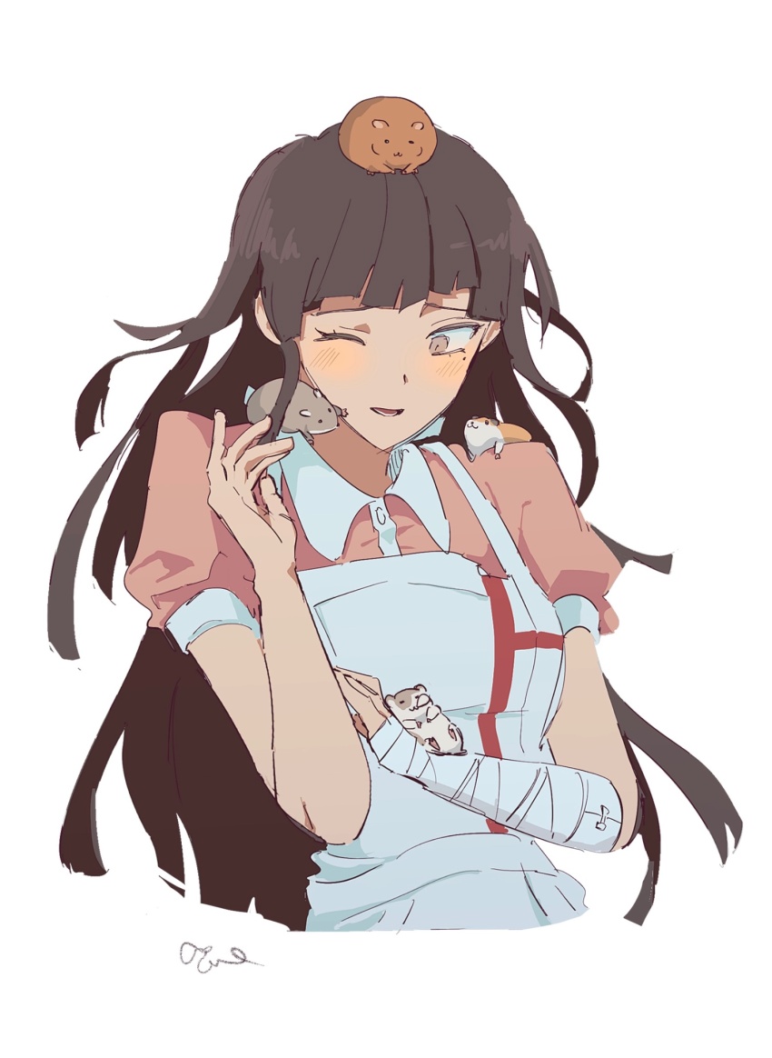 1girl apron bandaged_arm bandages black_hair blush breasts cham-p collared_shirt cropped_torso danganronpa_(series) danganronpa_2:_goodbye_despair highres honma_(ly189) jum-p large_breasts long_hair maga-g mole mole_under_eye open_mouth pink_shirt puffy_short_sleeves puffy_sleeves shirt short_sleeves simple_background smile solo sun-d tsumiki_mikan white_shirt