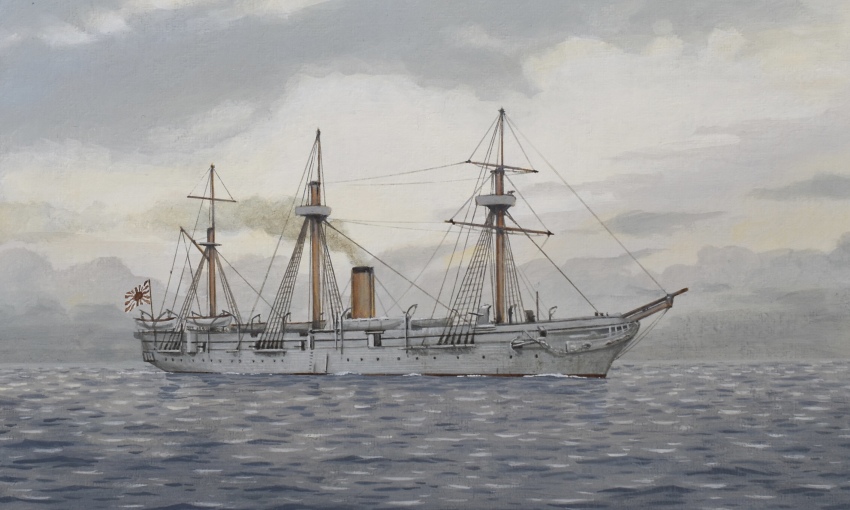 acrylic_paint_(medium) atelier_bono cloud cloudy_sky commentary_request flag frigate highres imperial_japanese_navy ironclad kaimon_(ironclad) mast military_vehicle morning no_humans ocean original painting_(medium) rising_sun_flag sail sailing_ship ship sky smoke smoke_trail smokestack sunburst traditional_media vehicle_focus warship watercraft