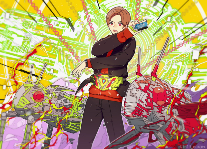1010_mumumu 1boy antennae black_jacket black_pants blazer brown_hair bug commentary cropped_legs double_helix grasshopper hiden_aruto highres holding insect jacket kamen_rider kamen_rider_01_(series) male_focus open_clothes open_jacket open_mouth pants progrise_key red_eyes robot tokusatsu twitter_username watch wristwatch zero_two_driver