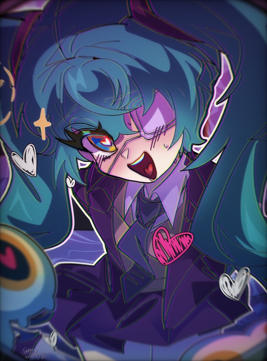 aqua_hair black_jacket black_necktie black_skirt blush brown_sweater_vest eyeball eyepatch fisheye from_inside hallucination hatsune_miku heart heart-shaped_pupils highres jacket medical_eyepatch monitoring_(vocaloid) necktie open_mouth peephole pov_peephole satoro301 skirt sweat sweater_vest symbol-shaped_pupils vocaloid