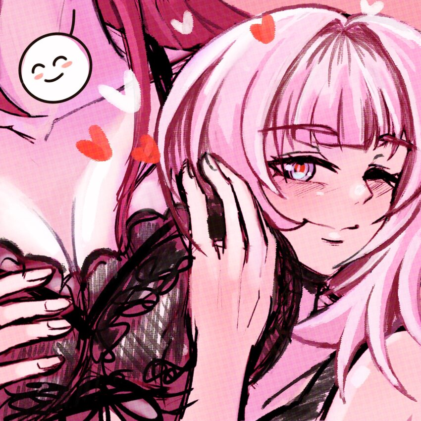 2girls ;) alternate_costume blackjacket090 blue_eyes breasts brown_hair cleavage commentary eden_(honkai_impact) elysia_(honkai_impact) english_commentary grabbing_another&#039;s_breast groping highres honkai_(series) honkai_impact_3rd large_breasts long_hair multiple_girls nightgown one_eye_closed pink_hair smile white_nightgown yuri