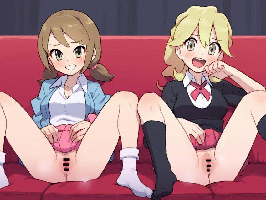 2girls :d bar_censor black_socks black_sweater blonde_hair blush breasts brown_eyes brown_hair censored chiwino clothes_lift collared_shirt commentary_request couch female_pubic_hair grin hand_up happy indoors jacket knees lass_(pokemon) lifting_own_clothes long_hair multiple_girls nintendo open_clothes open_jacket open_mouth pink_skirt pokemon pokemon_oras pokemon_xy pubic_hair pussy shirt short_twintails skirt skirt_lift smile socks sparse_pubic_hair spread_legs steaming_body sweater teeth twintails upper_teeth_only white_shirt white_socks