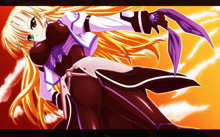 10s 1girl aged_up alternate_hairstyle aqua_eyes armband armor blonde_hair bodysuit breastplate breasts cloud cowboy_shot cropped_jacket dutch_angle faulds female_focus from_below gem gloves hair_down hand_on_own_hip heterochromia highres holding impossible_bodysuit impossible_clothes jacket large_breasts letterboxed light_smile long_hair long_sleeves lyrical_nanoha magical_girl mahou_shoujo_lyrical_nanoha_vivid open_clothes open_jacket outdoors puffy_sleeves red_eyes ribbon showgirl_skirt skirt sky sleeve_cuffs smile solo standing sunset tappa_(esperanza) very_long_hair vivio