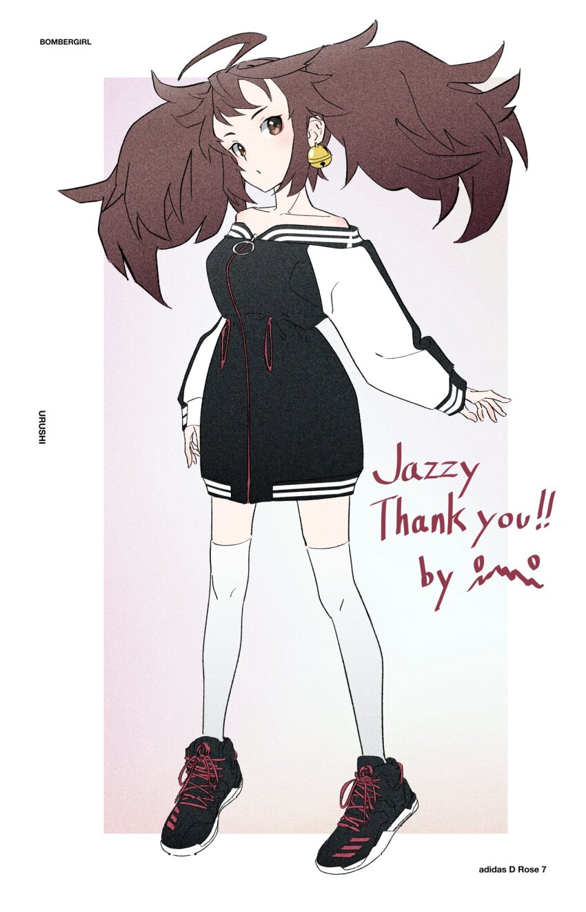 1girl acubi_tomaranai adidas ahoge bare_shoulders bell bell_earrings black_dress black_shoes bombergirl border breasts brown_eyes brown_hair character_name collarbone commentary commission copyright_name dress earrings english_text eyeshadow full_body gradient_background highres jewelry long_hair long_sleeves looking_at_viewer makeup off-shoulder_dress off_shoulder pink_background red_eyeshadow shoes signature small_breasts sneakers solo striped_clothes striped_dress thighhighs twintails two-tone_dress urushi_(bombergirl) white_border white_dress white_thighhighs zipper_dress