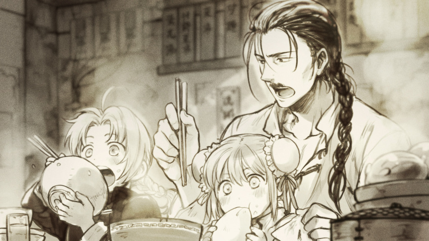1girl 2boys bad_id bad_pixiv_id braid bun_cover child chopsticks double_bun eating facial_hair family gintama highres kagura_(gintama) kamui kamui_(gintama) monochrome multiple_boys mustache single_braid tkr_(lovedelic99) umibouzu umibouzu_(gintama) aged_down