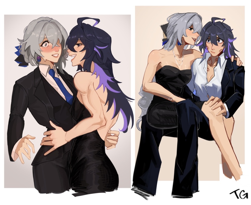 2girls :d alternate_costume alternate_hair_length alternate_hairstyle bare_shoulders black_dress black_jacket blue_necktie bronya_rand dress grey_eyes grey_hair grin highres honkai:_star_rail honkai_(series) jacket lipstick_mark multiple_girls multiple_views necktie open_mouth seele_(honkai:_star_rail) shirt short_hair smile strapless strapless_dress trashgremlinn white_shirt yuri