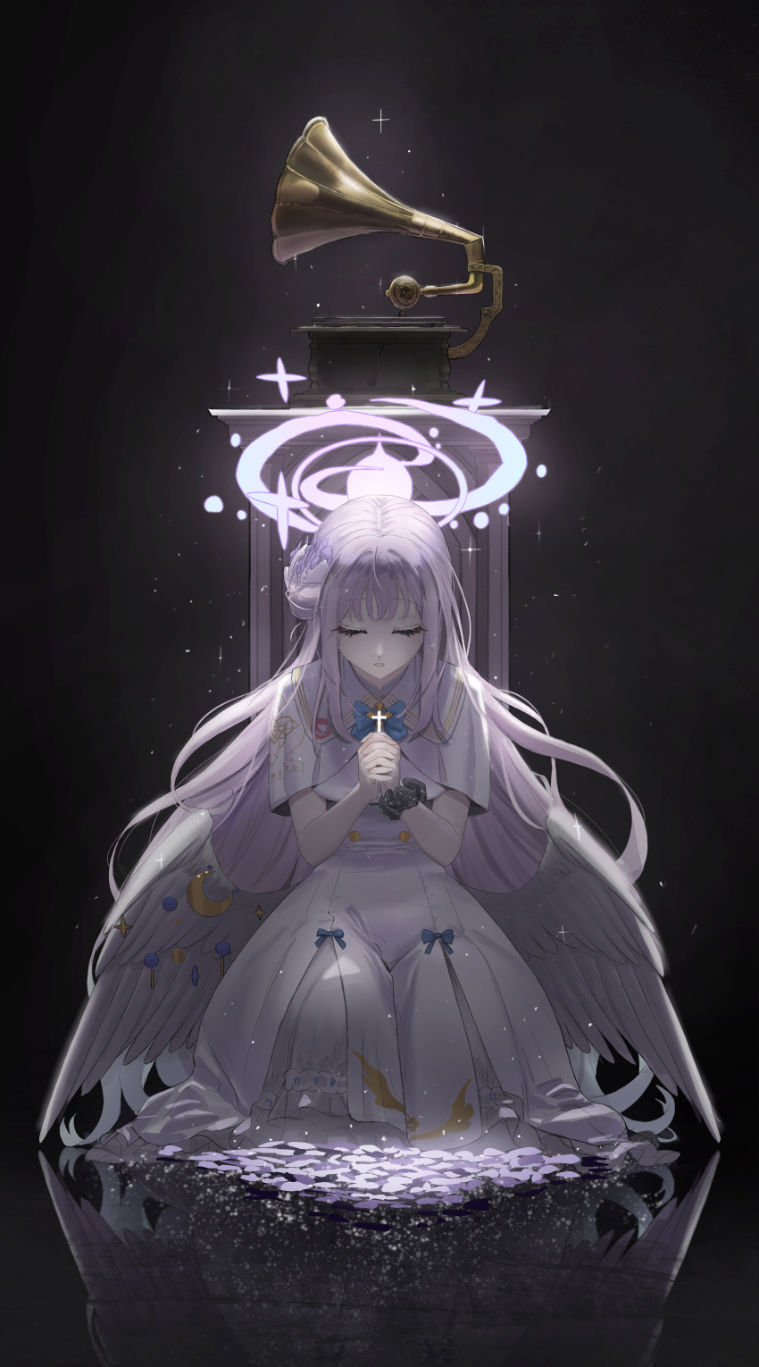 1girl absurdres angel_wings black_background black_scrunchie blue_archive capelet closed_eyes commentary_request cross dress eyelashes feathered_wings flower hair_bun hair_flower hair_ornament halo highres interlocked_fingers long_hair low_wings mika_(blue_archive) own_hands_together parted_lips petals phonograph pink_hair pink_halo praying reflection sawatani_(_swt2) scrunchie simple_background single_side_bun sitting solo very_long_hair white_capelet white_dress white_wings wing_ornament wings wrist_scrunchie