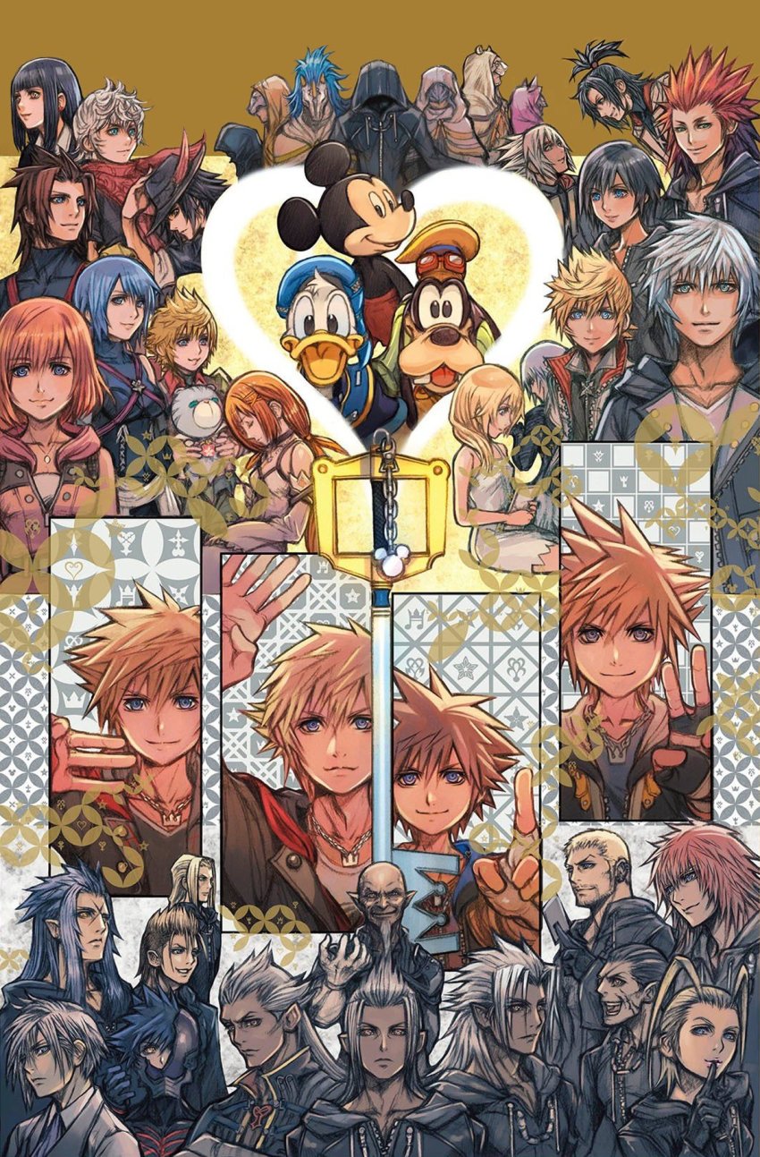 6+boys 6+girls aced_(kingdom_hearts) age_progression ansem_seeker_of_darkness aqua_(kingdom_hearts) ava_(kingdom_hearts) axel_(kingdom_hearts) brain_(kingdom_hearts) broken_mask chirithy demyx donald_duck ephemer_(kingdom_hearts) eraqus everyone evil_smile fingerless_gloves gloves goofy gula_(kingdom_hearts) highres hood ienzo invi_(kingdom_hearts) ira_(kingdom_hearts) jewelry kairi_(kingdom_hearts) keyblade kingdom_hearts kingdom_hearts_358/2_days kingdom_hearts_birth_by_sleep kingdom_hearts_dark_road kingdom_hearts_i kingdom_hearts_ii kingdom_hearts_iii kingdom_hearts_iv kingdom_hearts_x kingdom_hearts_x_back_cover kingdom_key larxene looking_at_viewer luxord luxu_(kingdom_hearts) marluxia mask master_of_masters master_xehanort mickey_mouse multiple_boys multiple_girls multiple_persona namine necklace nomura_tetsuya official_art organization_xiii riku_(kingdom_hearts) riku_replica roxas saix skuld_(kingdom_hearts) smile sora_(kingdom_hearts) spiked_hair strelitzia_(kingdom_hearts) terra_(kingdom_hearts) third-party_source vanitas_(kingdom_hearts) ventus_(kingdom_hearts) vexen xehanort xemnas xigbar xion_(kingdom_hearts)