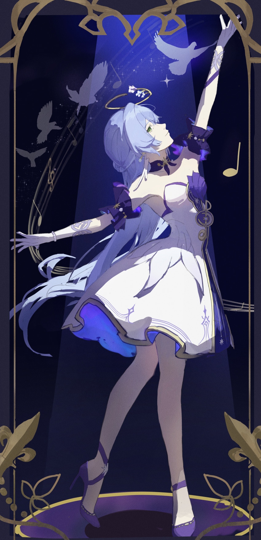 1girl absurdres aqua_hair arm_up ballet bare_shoulders bird bird_tail bird_wings breasts closed_mouth dress feathered_wings feathers full_body gloves green_eyes hair_between_eyes head_wings high_heels highres honkai:_star_rail honkai_(series) jewelry long_hair looking_at_viewer musical_note robin_(honkai:_star_rail) sheet_music sleeveless sleeveless_dress smile tail white_dress white_gloves wings yoswr
