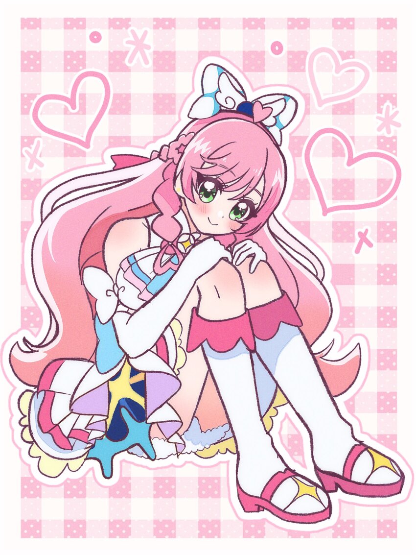 1girl ascot blue_bow boots bow braid brooch closed_mouth crown_braid cure_prism dress dress_bow elbow_gloves glove_bow gloves green_eyes hair_bow highres hirogaru_sky!_precure hugging_own_legs jewelry knee_boots layered_dress long_hair looking_at_viewer magical_girl medium_dress nijigaoka_mashiro outline pink_background pink_hair precure side_braids sitting sleeveless sleeveless_dress smile solo umiyuki_(umi_chu) very_long_hair white_ascot white_boots white_bow white_dress white_gloves white_outline wing_brooch