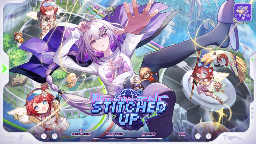 2boys 6+girls aglaea_(honkai:_star_rail) black_pantyhose bright_pupils butterfly_hair_ornament cape castorice_(honkai:_star_rail) chibi cipher_(honkai:_star_rail) floating_hair grey_hair hair_ornament highres honkai:_star_rail honkai_(series) hoyofair hyacine_(honkai:_star_rail) long_hair long_sleeves looking_at_viewer mem_(honkai:_star_rail) multicolored_hair multiple_boys multiple_girls mydei_(honkai:_star_rail) official_art pantyhose parted_lips phainon_(honkai:_star_rail) pointy_ears purple_eyes purple_hair purple_slippers reaching reaching_towards_viewer red_hair shirt skirt slippers trianne_(honkai:_star_rail) tribbie_(honkai:_star_rail) trinnon_(honkai:_star_rail) white_pupils white_shirt