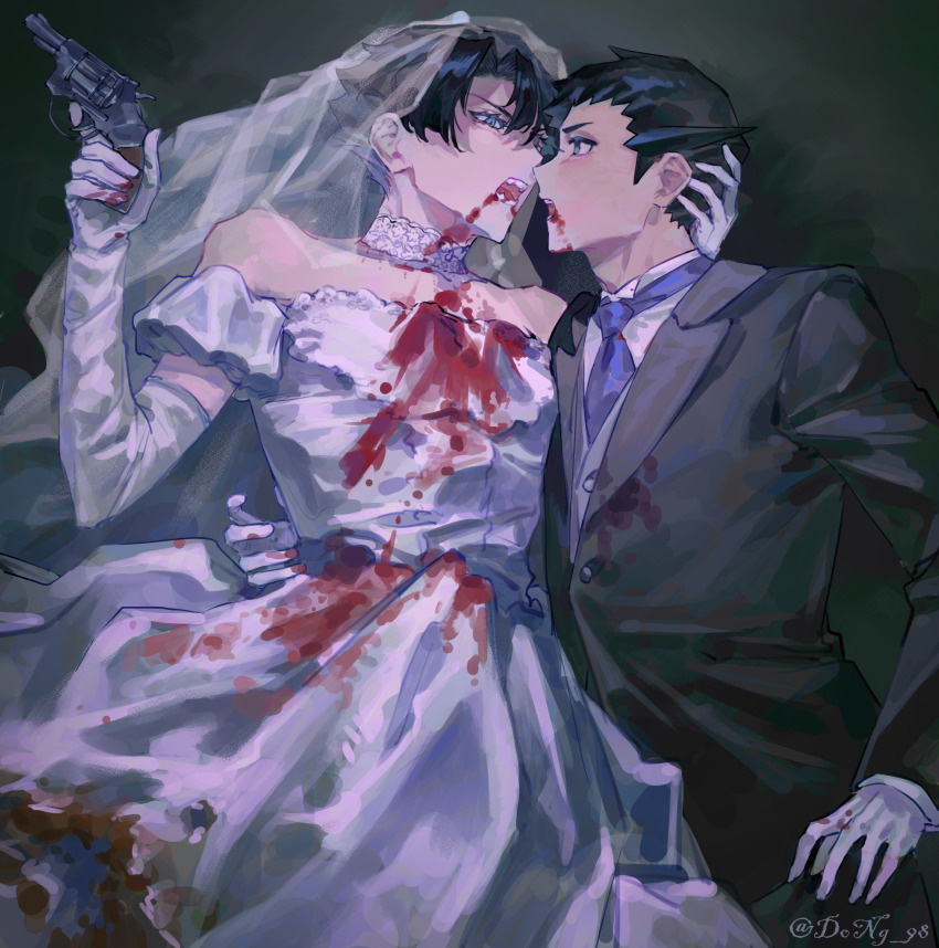 2boys ace_attorney black_background black_hair black_suit blood blood_on_clothes blood_on_face bloody_clothes bloody_dress blue_necktie blunt_bangs bridal_veil commentary crossdressing crossdressing_(mtf) detached_collar detached_sleeves dong_98 dress english_commentary eye_contact formal_clothes gloves gun hand_on_another&#039;s_head handgun highres holding holding_gun holding_weapon kazuma_asogi looking_at_another male_focus multiple_boys necktie ryunosuke_naruhodo short_hair spiked_hair suit the_great_ace_attorney veil weapon wedding_dress white_dress white_gloves yaoi