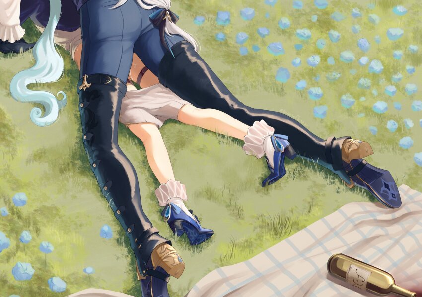 1boy 1girl alcohol ankle_boots aqua_hair bonbon_(bonesofbeskar) boots bottle boy_on_top chaps clothed_sex clothes_pull commentary english_commentary field flower flower_field frilled_anklet frilled_thigh_strap furina_(genshin_impact) genshin_impact grass height_difference hetero high_heel_boots high_heels highres long_hair lying neuvillette_(genshin_impact) on_grass on_stomach outdoors prone_bone red_wine sex sex_from_behind shorts shorts_pull spill thigh_strap white_hair wine wine_bottle
