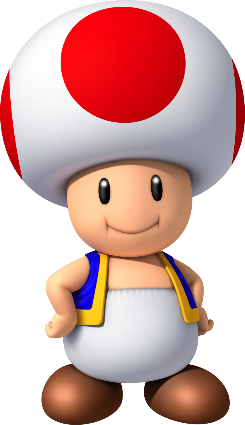 3d :i absurdres black_eyes blank_eyes blue_vest brown_shoes closed_mouth full_body hands_on_own_hips happy highres looking_at_viewer mario_(series) new_super_mario_bros._wii nintendo official_art open_clothes open_vest pants shoes simple_background smile standing third-party_source toad_(mario) transparent_background vest white_pants yellow_trim