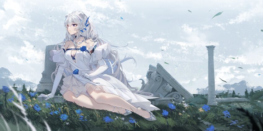 1girl animal_ears arknights bare_shoulders blue_eyes blue_flower blue_rose cloud column commentary day dress elbow_gloves english_commentary flower frills full_body gloves grass hair_between_eyes highres holding holding_flower hongbaise_raw leaf long_hair looking_to_the_side no_socks outdoors parted_lips pillar plant rosa_(arknights) rose ruins shoes sitting solo white_dress white_gloves white_hair white_shoes wind