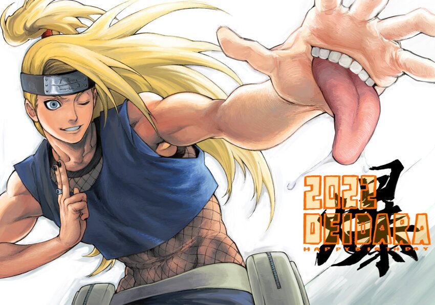 1boy 2022 armpits bare_arms bare_shoulders black_nails blonde_hair blue_eyes blue_shirt character_name crop_top deidara_(naruto) extra_mouth fishnets floating_hair grin hand_mouth hand_up hands_up highres iwagakure_symbol jewelry long_hair looking_to_the_side male_focus muscular muscular_male nail_polish naruto_(series) naruto_shippuuden one_eye_closed one_eye_covered outstretched_arm ponytail ring saliva shirt sleeveless sleeveless_shirt smile solo toned tongue tongue_out topknot umkaqryi upper_body