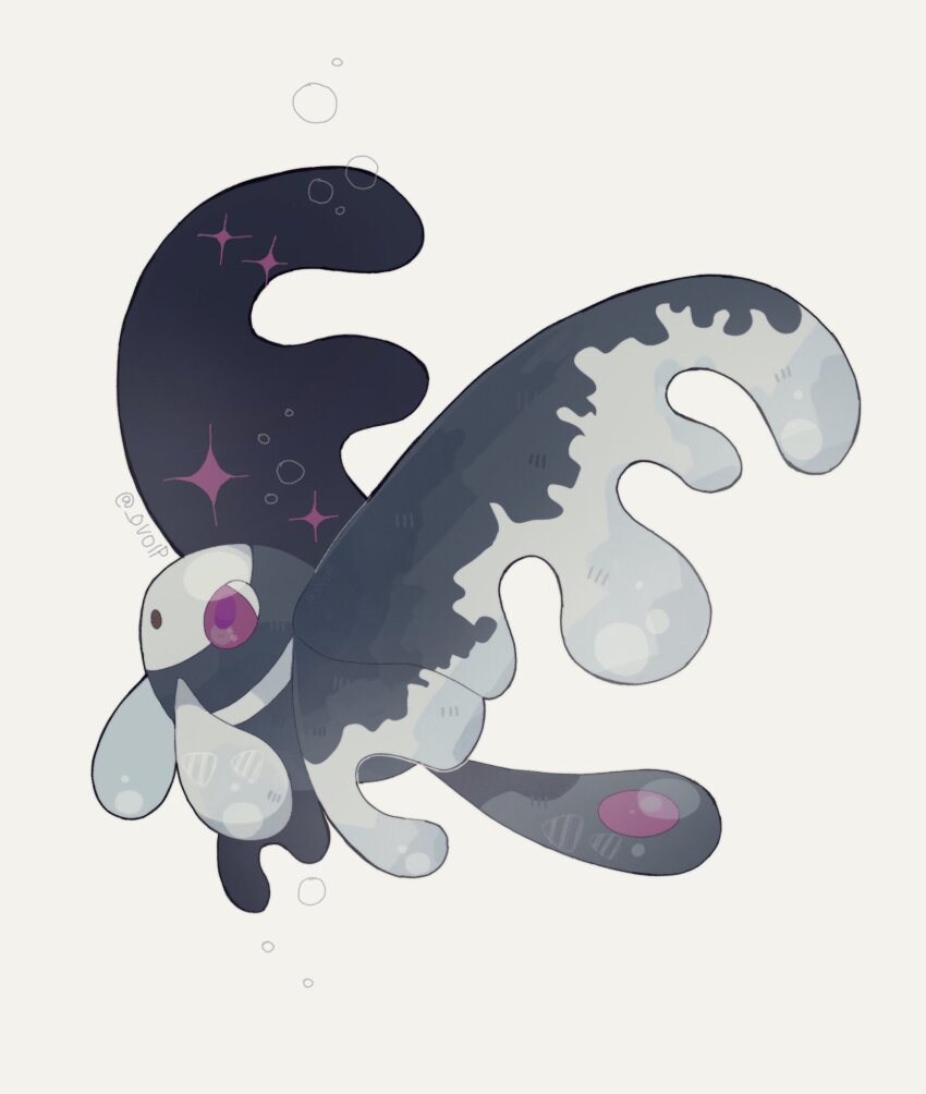 :o air_bubble animal_focus bubble colored_sclera fish gen_4_pokemon grey_background highres lumineon nintendo no_humans open_mouth ovoip pokemon pokemon_(creature) purple_eyes purple_sclera simple_background solo sparkle twitter_username