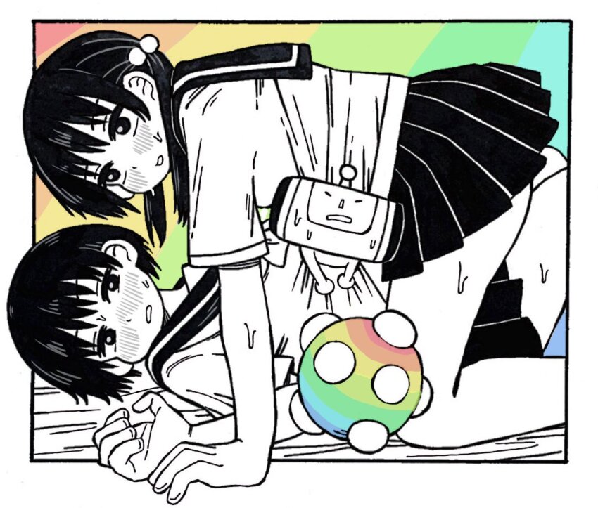 1boy 2girls all_fours averting_eyes bad_id bad_twitter_id ball blush chou_nezumi_dx crossover embarrassed from_side girl_on_top girl_sandwich greyscale_with_colored_background hair_bobbles hair_ornament hair_over_shoulder katamari katamari_damacy long_hair looking_at_viewer looking_to_the_side low_twintails lying miniskirt multiple_girls on_back original outside_border pinned pleated_skirt rainbow_background sandwiched school_uniform serafuku shirt short_hair short_sleeves skirt stuck the_prince_(katamari_damacy) twintails yuri
