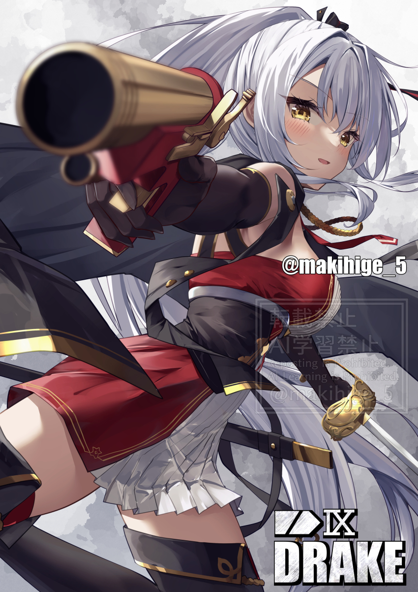 absurdres antique_firearm azur_lane black_coat black_gloves blush coat drake_(azur_lane) dress elbow_gloves firearm firelock flintlock gloves gold_trim gun hair_between_eyes hair_ribbon highres holding holding_gun holding_sword holding_weapon long_hair looking_at_viewer makihige ponytail ribbon scabbard sheath sidelocks simple_background smile sword thighhighs thighs weapon white_hair yellow_eyes