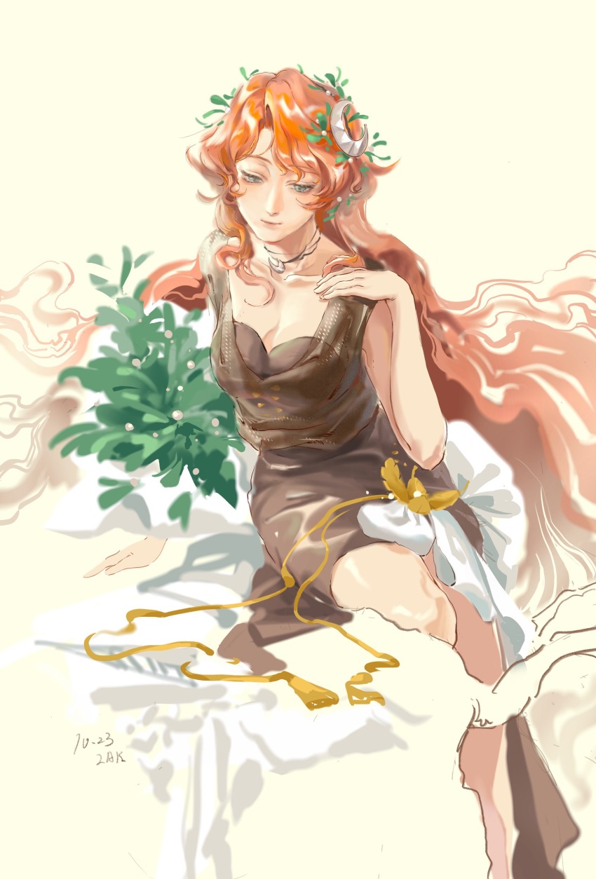 absurdres artist_name black_dress bouquet breasts cleavage closed_mouth crescent crescent_hair_ornament dated dress druvis_iii feet_out_of_frame flower green_eyes hair_ornament hand_up highres holding holding_bouquet lakey_(eluakye) leaf_hair_ornament long_dress long_hair looking_down mistletoe orange_hair reverse:1999 sitting sleeveless sleeveless_dress smile very_long_hair yellow_background