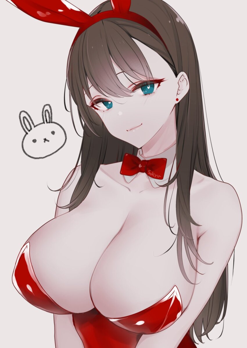 1girl aged_up animal_ear_hairband animal_ears bow bowtie breasts brown_hair collarbone detached_collar earrings fake_animal_ears hairband heart heart_in_eye highres idolmaster idolmaster_cinderella_girls jewelry large_breasts leotard light_smile long_hair looking_at_viewer rabbit_ear_hairband rabbit_ears red_bow red_bowtie red_leotard sakuma_mayu saltylemontea simple_background solo straight_hair stud_earrings symbol_in_eye very_long_hair