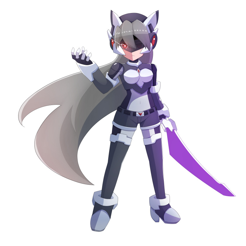 1girl absurdres alternate_color alternate_costume alternate_hairstyle armor energy_sword belt black_zero_(mega_man) bodystocking boots breasts chest_jewel ciel_(mega_man) commission commissioner_upload elbow_gloves energy_sword full_body gloves glowing glowing_eye grey_hair helmet highres holding holding_weapon long_hair looking_at_viewer mechanical_ears mega_man_(series) mega_man_zero_(series) mega_man_zx model_z_(mega_man) non-web_source red_eyes rytopen shorts small_breasts sword thigh_boots transparent_background weapon zero_(mega_man)