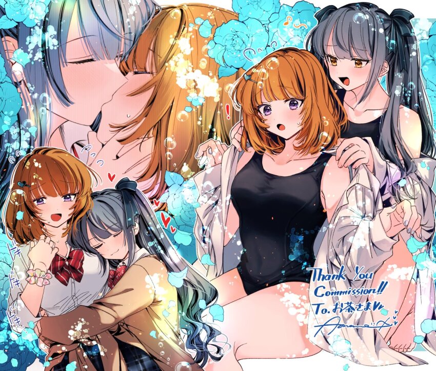 2girls amane_(7783) commission grey_hair hug kiss medium_hair multiple_girls one-piece_swimsuit open_mouth orange_hair original purple_eyes school_uniform shirt swimsuit twintails undressing_another yellow_eyes yuri