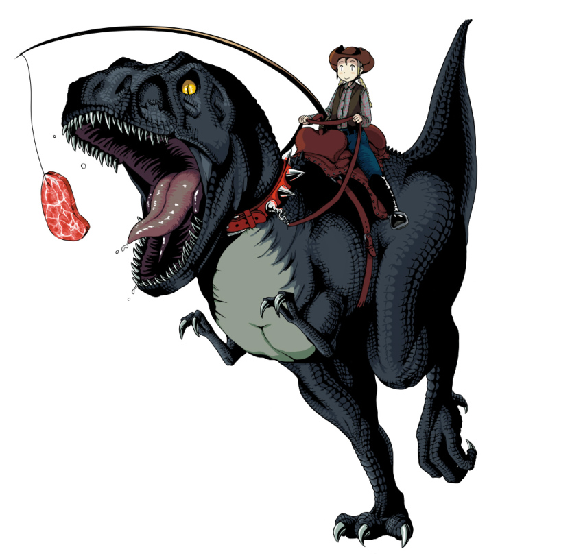 1girl animal bait bakunja belt black_boots blonde_hair boots braid claws collar colored_sclera commentary_request denim dinosaur food hat jeans long_hair long_sleeves open_mouth original pants raw_meat riding riding_animal riding_dinosaur saddle sharp_teeth shirt simple_background smile solo spiked_collar spikes steak stick string teeth tongue twin_braids tyrannosaurus_rex vest white_background wide_shot yellow_sclera