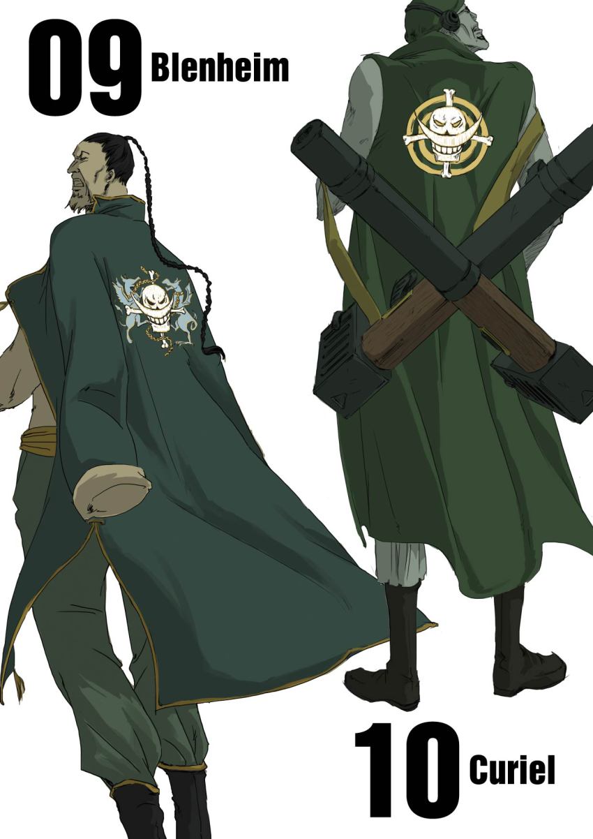 2boys back blenheim boots braid character_name curiel_(one_piece) headphones highres jolly_roger m1_bazooka male_focus multiple_boys numbered one_piece rocket_launcher simple_background weapon