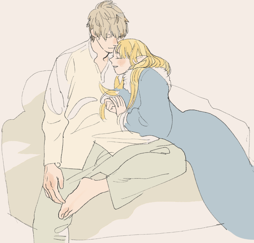 1boy 1girl ^_^ barefoot blonde_hair blue_dress brown_hair closed_eyes dress dungeon_meshi elf happy laios_touden long_hair mabsosa6 marcille_donato messy_hair pointy_ears shirt short_hair sitting smile white_background white_shirt