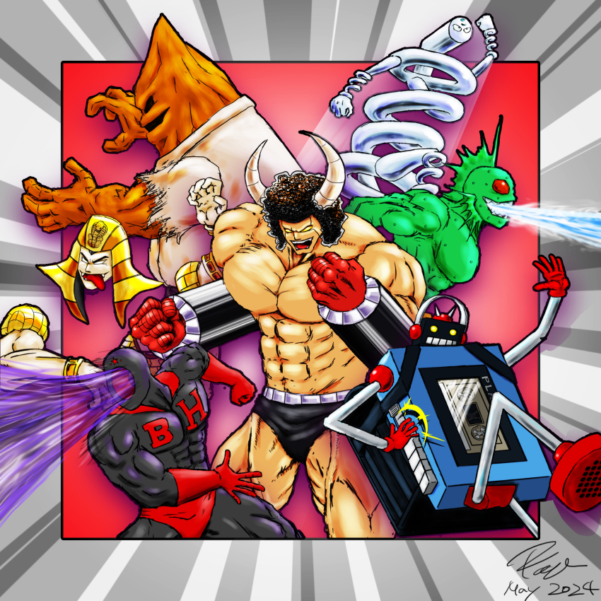 2024 6+boys android armor artist_request atlantis_(kinnikuman) attack biceps black_hole_(kinnikuman) buffaloman cape clenched_hands dated dougi evil_smile faceless fighting_stance grin headphones highres kinnikuman large_pectorals looking_afar looking_at_viewer manly mask mister_khamen monster_boy multiple_boys muscular no_eyes no_mouth pectorals red_cape sharp_teeth simple_background smile springman_(kinnikuman) stecase_king teeth the_mountain_(kinnikuman) wrestling wrestling_outfit