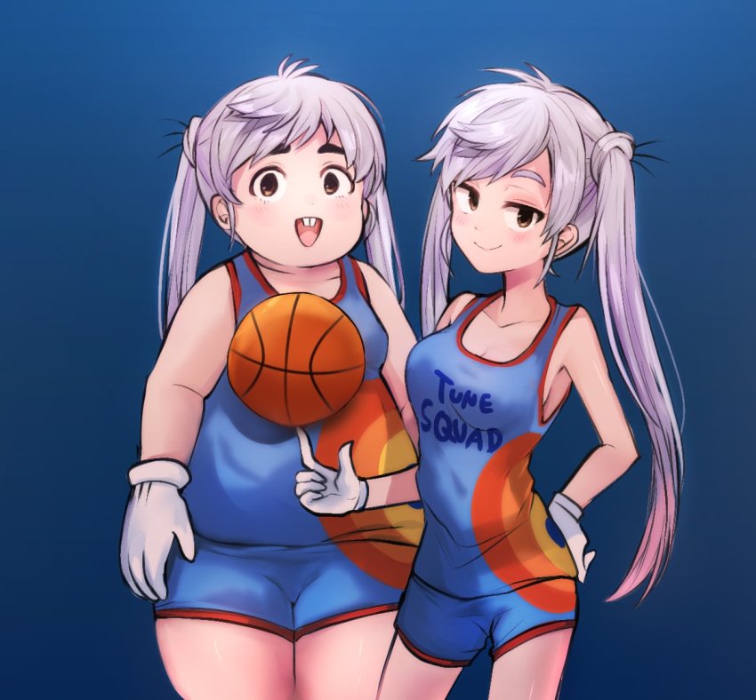 2girls basketball big_chungus breasts bugs_bunny fat female_focus gloves long_hair looking_at_viewer looney_tunes medium_breasts multiple_girls open_mouth plump small_breasts smile space_jam space_jam:_a_new_legacy tagme twintails