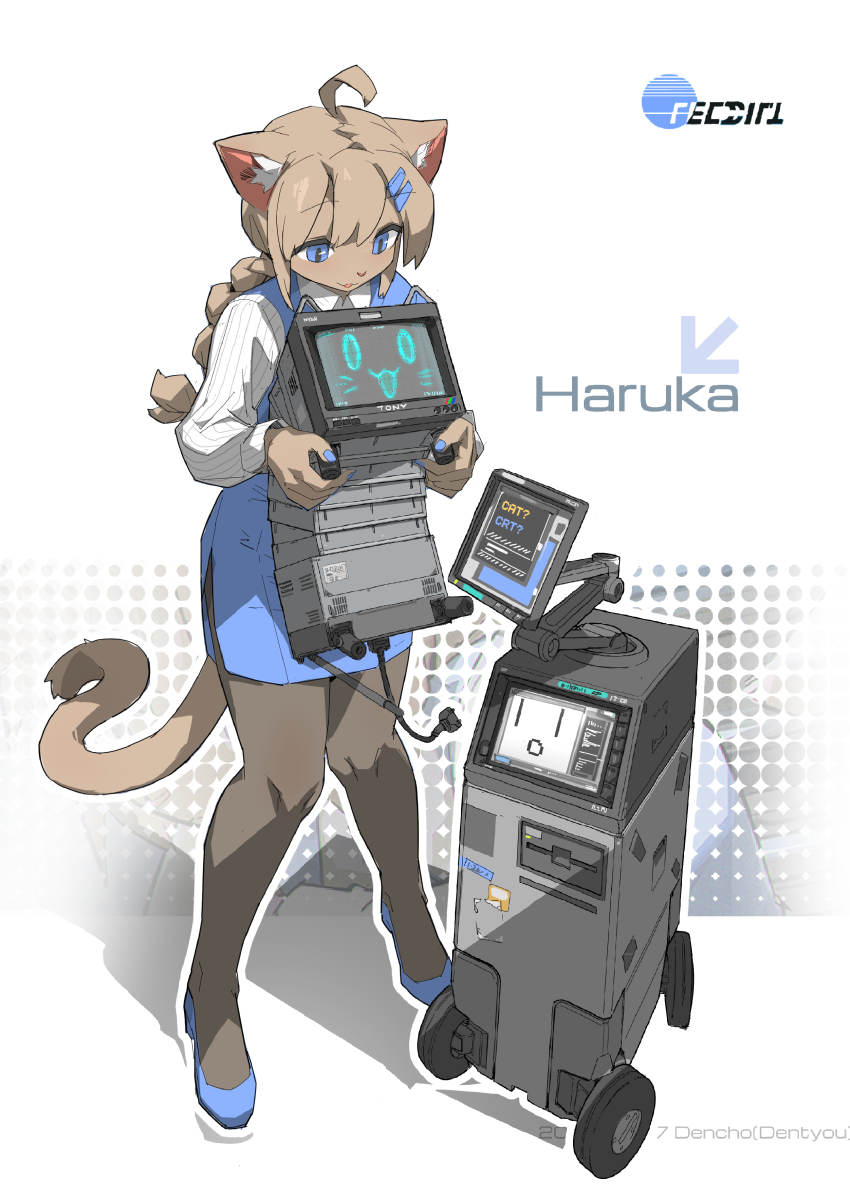 1girl absurdres ahoge animal_ear_fluff animal_ears artist_name blue_eyes blue_nails blue_shoes blue_vest braid braided_ponytail brown_hair cat_ears cat_girl cat_tail character_name collared_shirt crt denchou electric_plug electric_plug_tail furry furry_female high_heels highres holding knees_together_feet_apart non-humanoid_robot original outline parted_lips pencil_skirt pinstripe_pattern pinstripe_shirt robot shirt shoes single_braid skirt solo standing tail vest wheel white_outline wing_collar