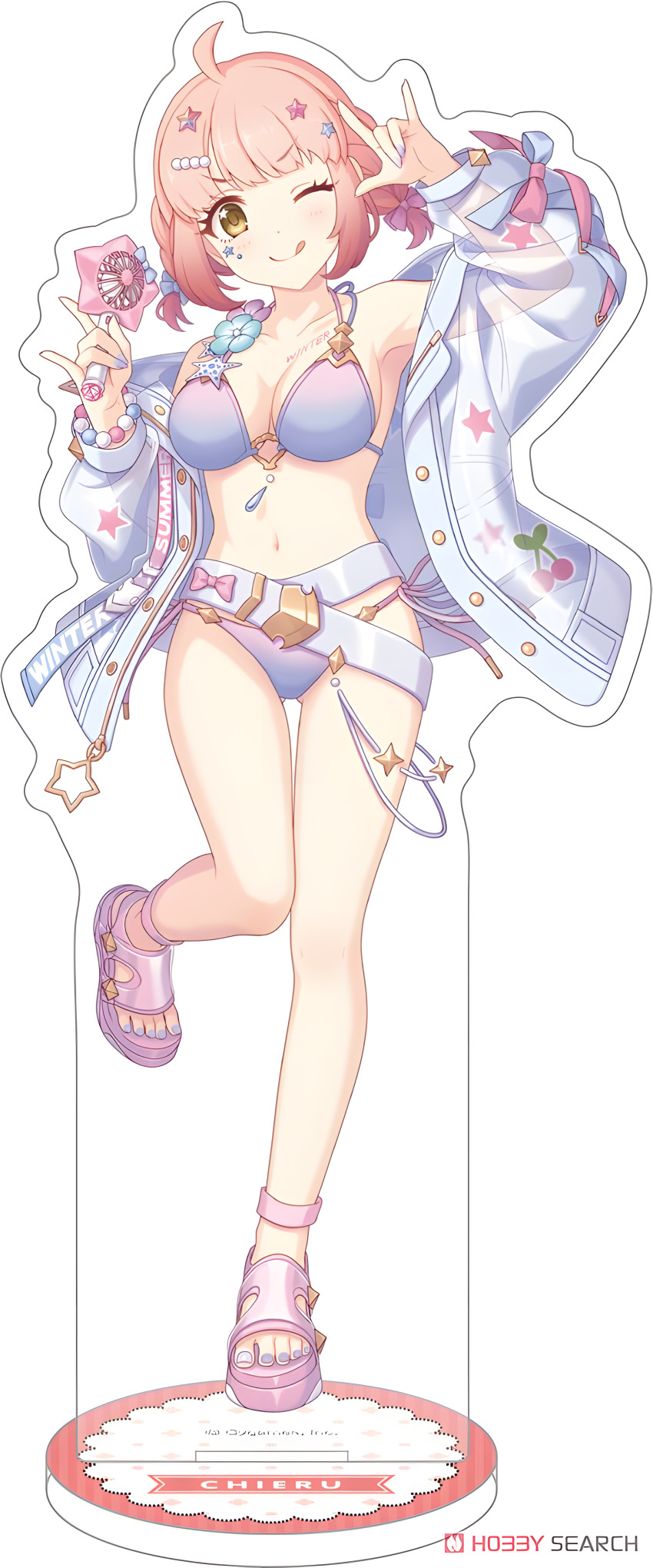 1girl absurdres ahoge bangle bead_bracelet beads bikini bracelet braid breasts chieru_(princess_connect!) chieru_(winter)_(princess_connect!) cleavage hair_ornament hair_tie halterneck highres holding jewelry large_breasts legs navel non-web_source o-ring o-ring_top official_art one_eye_closed pink_hair princess princess_connect! purple_bikini resized see-through_clothes see-through_shirt shirt standing standing_on_one_leg star_(symbol) star_hair_ornament star_in_eye swimsuit symbol_in_eye twin_braids upscaled white_shirt yellow_eyes