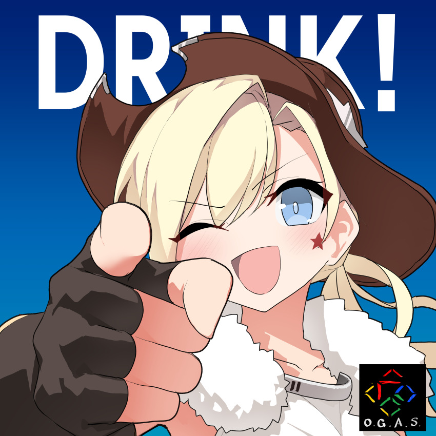 1girl absurdres black_gloves blonde_hair blue_eyes collarbone colt_revolver_(girls&#039;_frontline) cowboy_hat english_text facial_mark fingerless_gloves fur_collar girls&#039;_frontline gloves hat highres looking_at_viewer one_eye_closed open_mouth parody pepsiman_(game) pointing pointing_at_viewer solo star_(symbol) star_facial_mark upper_body yanagui_yugi