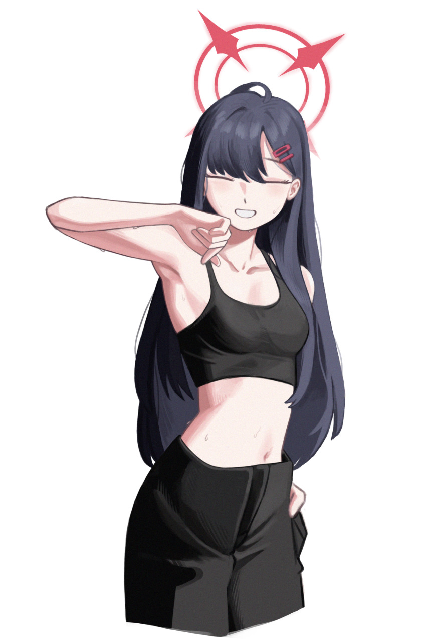 1girl absurdres armpits bare_arms bare_shoulders black_hair black_pants black_shirt blue_archive breasts commentary_request crop_top cropped_legs facing_viewer grin hair_ornament hairclip halo highres ichika_(blue_archive) korean_commentary long_hair looking_at_viewer medium_breasts midriff navel pants paul_1ng shirt simple_background sleeveless sleeveless_shirt smile solo stomach white_background