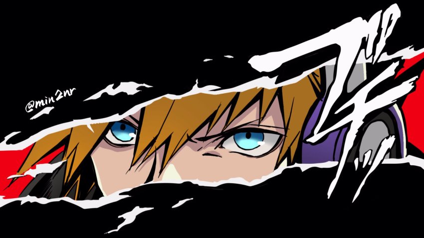 1boy black_background blue_eyes eme_(204) headphones highres looking_at_viewer male_focus orange_hair parody persona persona_5 persona_eyes sakuraba_neku solo subarashiki_kono_sekai