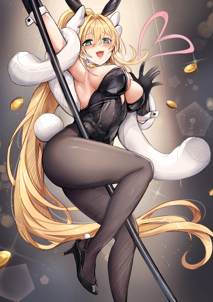 1girl :d animal_ears arm_up armpits black_gloves black_leotard blonde_hair blush bow bowtie breasts brown_pantyhose cleavage coin detached_collar earrings fake_animal_ears fake_tail fang feather_boa gloves goddess_of_victory:_nikke green_eyes hair_ornament heart high_heels highleg highleg_leotard highres jewelry large_breasts leotard long_hair looking_at_viewer official_alternate_costume open_mouth pantyhose playboy_bunny pole pole_dancing ponytail rabbit_ears rabbit_tail rupee_(nikke) rupee_(rabbit_deluxe)_(nikke) smile solo strapless strapless_leotard tail thighs waving yellow_bow yellow_bowtie yougenko