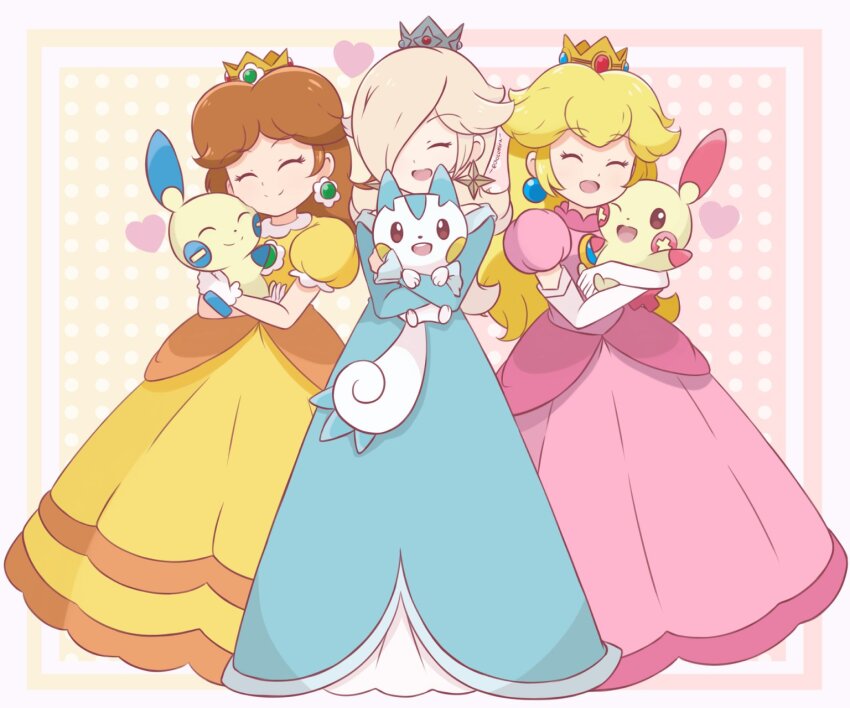 3girls blonde_hair blue_dress brown_hair chocomiru closed_eyes crown dress earrings gen_3_pokemon gen_4_pokemon highres holding holding_pokemon jewelry long_hair mario_(series) minun multiple_girls nintendo open_mouth pachirisu pink_dress plusle pokemon pokemon_(creature) princess_daisy princess_peach rosalina smile split_mouth super_mario_bros._1 super_mario_galaxy super_mario_land yellow_dress