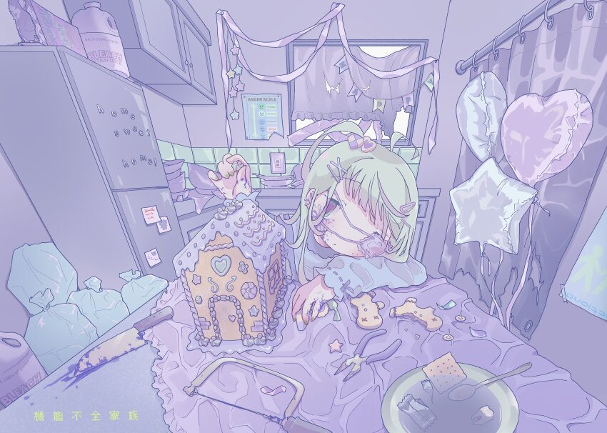 1girl absurdres ahoge balloon blonde_hair blood blood_on_face blood_on_hands bloody_knife bowl brown_eyes candy cracker crossed_bangs curtains earrings eyepatch facing_viewer food gingerbread_house gingerbread_man gudon_udon hacksaw hair_ornament hair_over_one_eye hairclip hand_up head_on_arm highres holding holding_candy holding_food indoors jewelry kitchen kitchen_knife knife long_sleeves lying medium_hair original pliers pushpin refrigerator ribbon_trim sad saw self-harm sidelocks solo spoon tablecloth tooth trash_bag wrapper