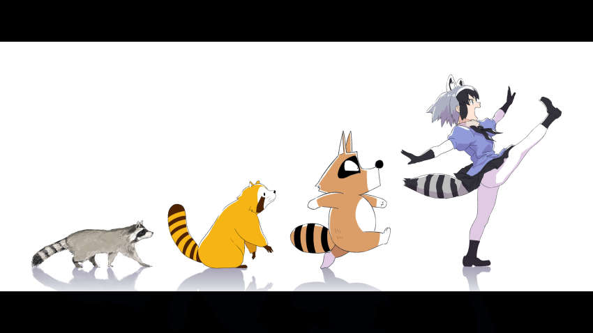 10s absurdres animal animal_ears araiguma&#039;s_father_(bonobono) araiguma_rascal black_gloves black_hair black_legwear bonobono common_raccoon_(kemono_friends) crossover from_side fur_collar gloves grey_hair highres kemono_friends kito_(sakerukito) leg_up miniskirt multicolored_hair no_tail open_mouth pantyhose raccoon raccoon_ears raccoon_tail rascal_(araiguma_rascal) shadow short_hair skirt tail trait_connection walking white_background white_legwear