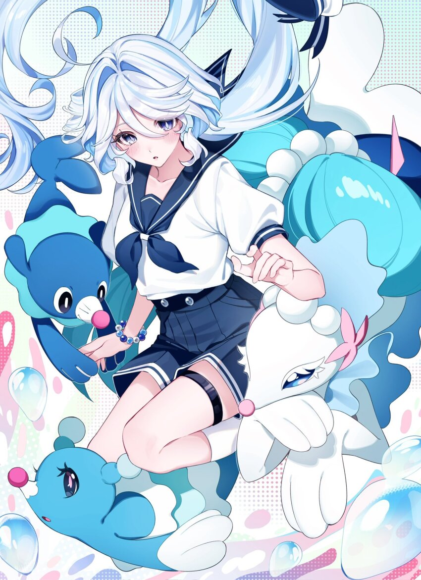 3others anko_(kimt140n) beads black_shorts blue_eyes blue_hair blue_neckerchief blush brionne character_request drill_hair evolutionary_line furina_(genshin_impact) gen_7_pokemon genshin_impact hair_between_eyes heterochromia highres long_hair multicolored_hair multiple_others neckerchief nintendo pokemon popplio primarina shirt shorts streaked_hair symbol-shaped_pupils thighhighs white_hair white_shirt white_thighhighs