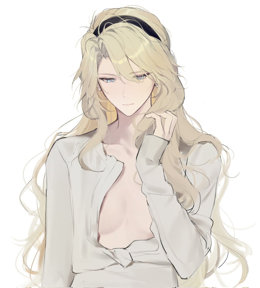 1girl arknights black_hairband blonde_hair breasts commentary corrupted_twitter_file earrings grey_eyes hair_between_eyes hairband highres jewelry joshua_(shisanli934) kristen_(arknights) long_hair long_sleeves open_clothes open_shirt simple_background small_breasts solo symbol-only_commentary upper_body white_background