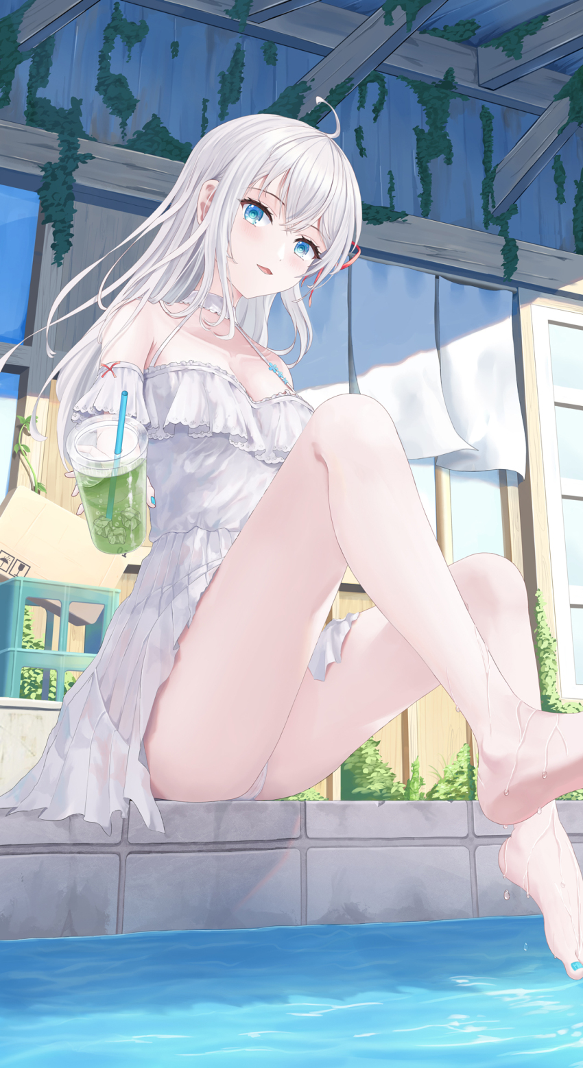1girl :d ahoge alisa_mikhailovna_kujou bare_legs bare_shoulders barefoot blue_eyes blue_nails blush cameltoe chinese_commentary commentary_request crossed_bangs cup day disposable_cup dress drinking_straw eyelashes feet frilled_dress frills full_body hair_between_eyes hair_ribbon halterneck highres holding holding_cup ice ice_cube incoming_drink knees_up legs long_hair looking_at_viewer nail_polish open_mouth outdoors panties partial_commentary pleated_dress red_ribbon ribbon ringed_eyes river short_dress sitting sleeveless sleeveless_dress smile soaking_feet solo sundress thighs toenail_polish toenails toes tokidoki_bosotto_roshia-go_de_dereru_tonari_no_alya-san underwear user_3504221 water water_drop white_dress white_hair white_panties