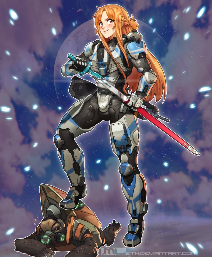 1girl absurdres alien armor asuna_(sao) blush braid brown_eyes brown_hair crossover eyebrows french_braid full_body halo_(game) halo_(series) highres honeycomb_pattern long_hair long_legs mleth power_armor scabbard sheath sidelocks smile solo_focus standing stepped_on sword sword_art_online unggoy_(halo) unsheathing weapon weapon_on_back