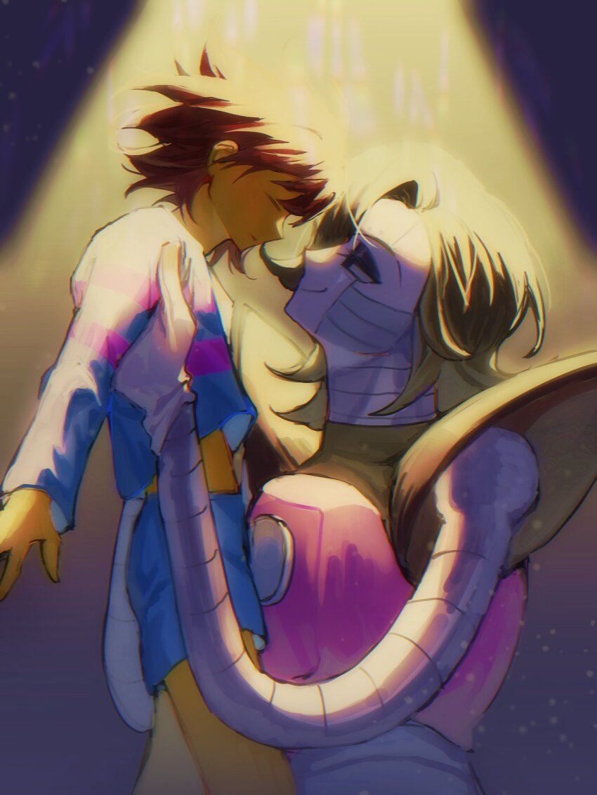 1boy 1other androgynous android black_eyes black_eyeshadow black_hair blue_shirt blue_shorts brown_hair carrying carrying_person chromatic_aberration closed_eyes closed_mouth colored_skin commentary_request cowboy_shot curtained_hair eyeshadow face-to-face facing_another frisk_(undertale) from_side gloves half-closed_eyes highres korean_commentary light_particles long_sleeves looking_at_another makeup mechanical_arms mettaton mettaton_ex pink_shirt profile purple_background relation_z shirt short_hair shorts simple_background smile spotlight striped_clothes striped_shirt two-tone_shirt undertale upper_body white_gloves yellow_skin